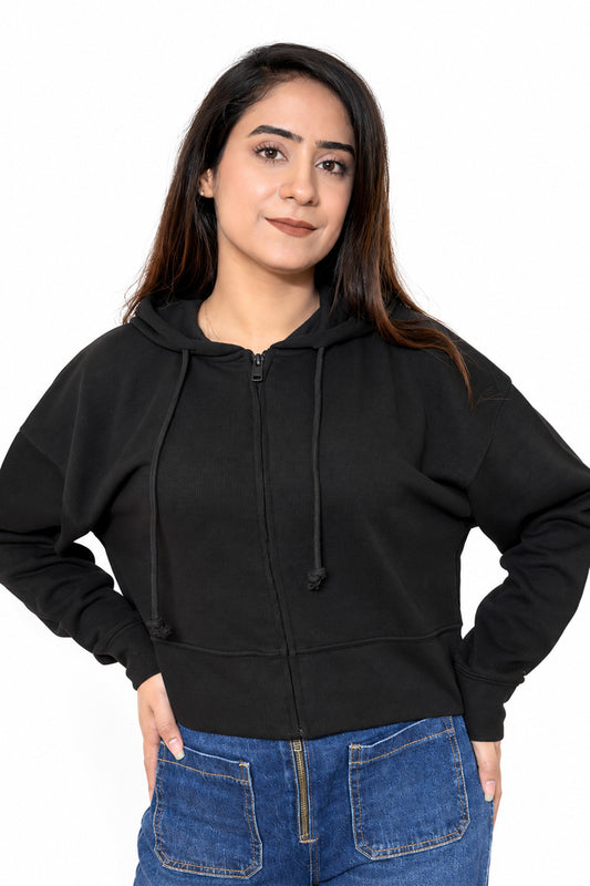 Black Interlock Crop Zipper Hoodie