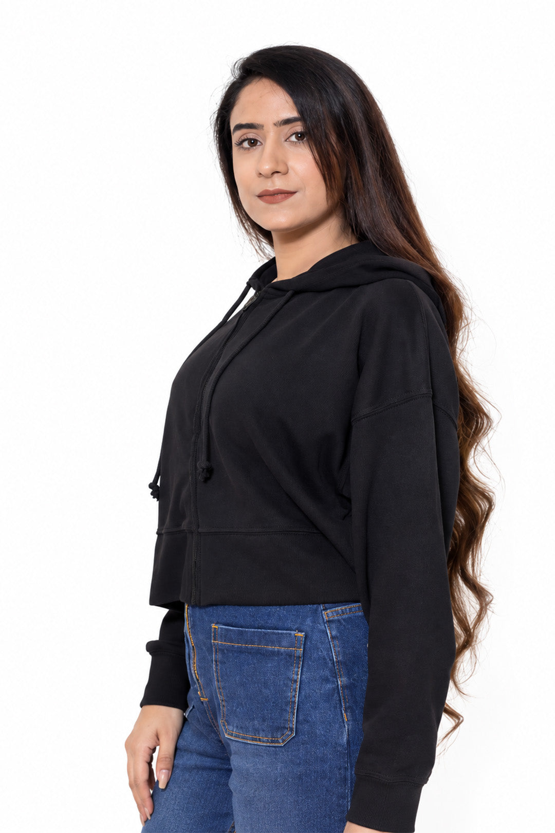 Black Interlock Crop Zipper Hoodie